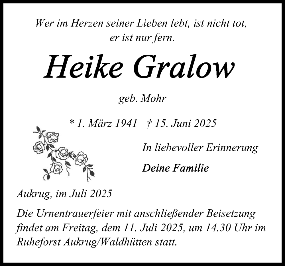  Traueranzeige für Heike Gralow vom 05.07.2025 aus Schleswig-Holsteinische Landeszeitung