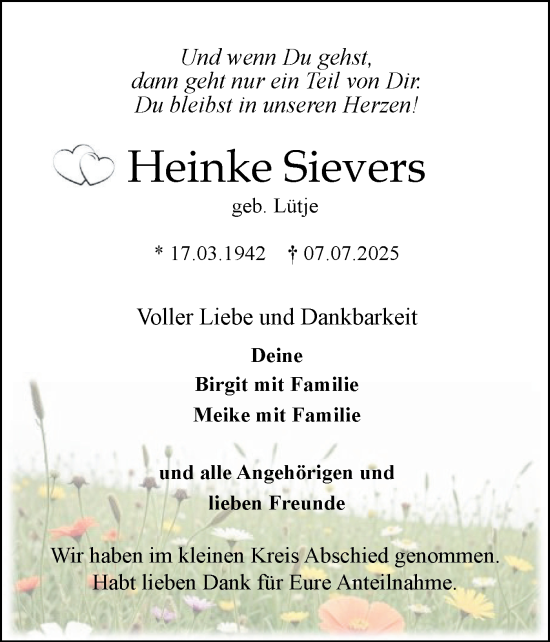 Traueranzeige von Heinke Sievers von Elmshorner Nachrichten, Barmstedter Zeitung