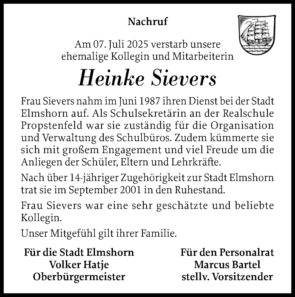  Traueranzeige für Heinke Sievers vom 26.07.2025 aus Elmshorner Nachrichten, Barmstedter Zeitung