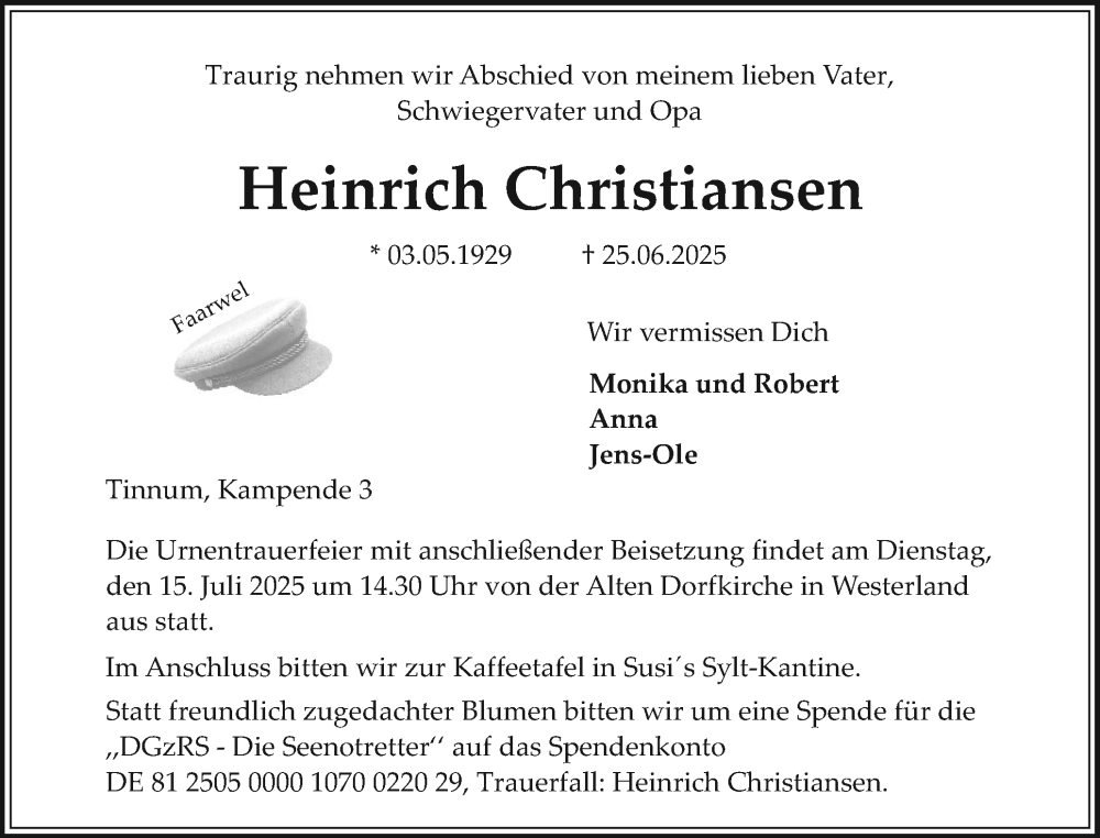  Traueranzeige für Heinrich Christiansen vom 05.07.2025 aus Sylter Rundschau