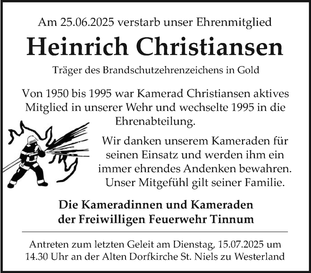  Traueranzeige für Heinrich Christiansen vom 09.07.2025 aus Sylter Rundschau