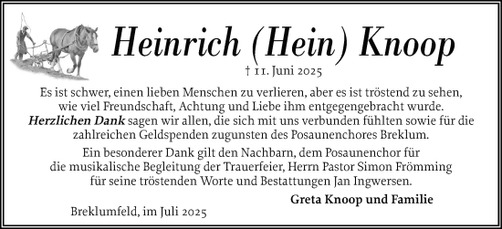 Traueranzeige von Heinrich Knoop von Husumer Nachrichten, Nordfriesland Tageblatt