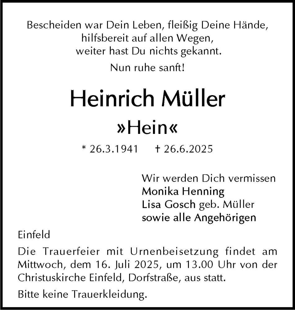  Traueranzeige für Heinrich Müller vom 05.07.2025 aus Holsteinischer Courier