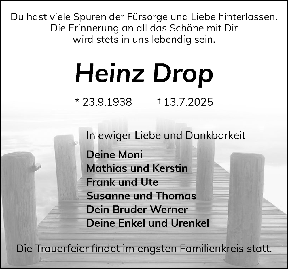  Traueranzeige für Heinz Drop vom 19.07.2025 aus Schleswiger Nachrichten, Schlei-Bote