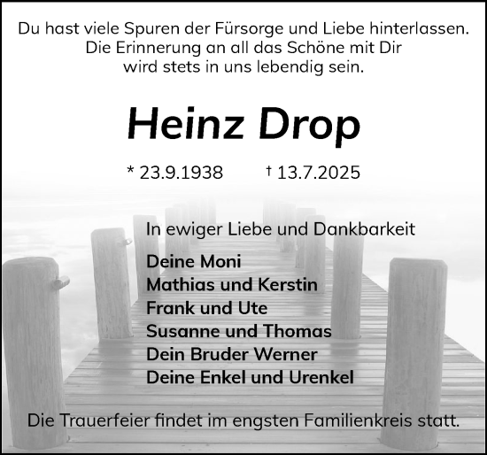 Traueranzeige von Heinz Drop von Schleswiger Nachrichten, Schlei-Bote