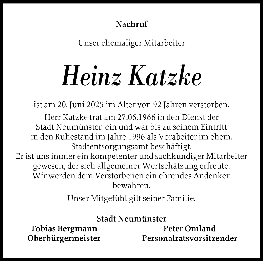  Traueranzeige für Heinz Katzke vom 16.07.2025 aus Holsteinischer Courier