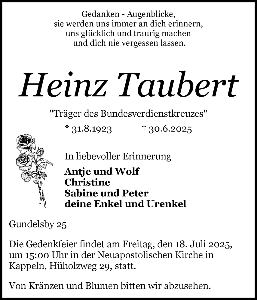  Traueranzeige für Heinz Taubert vom 12.07.2025 aus Schleswiger Nachrichten, Schlei-Bote