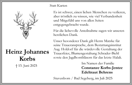 Traueranzeige von Heinz Johannes Korbs von Umschau