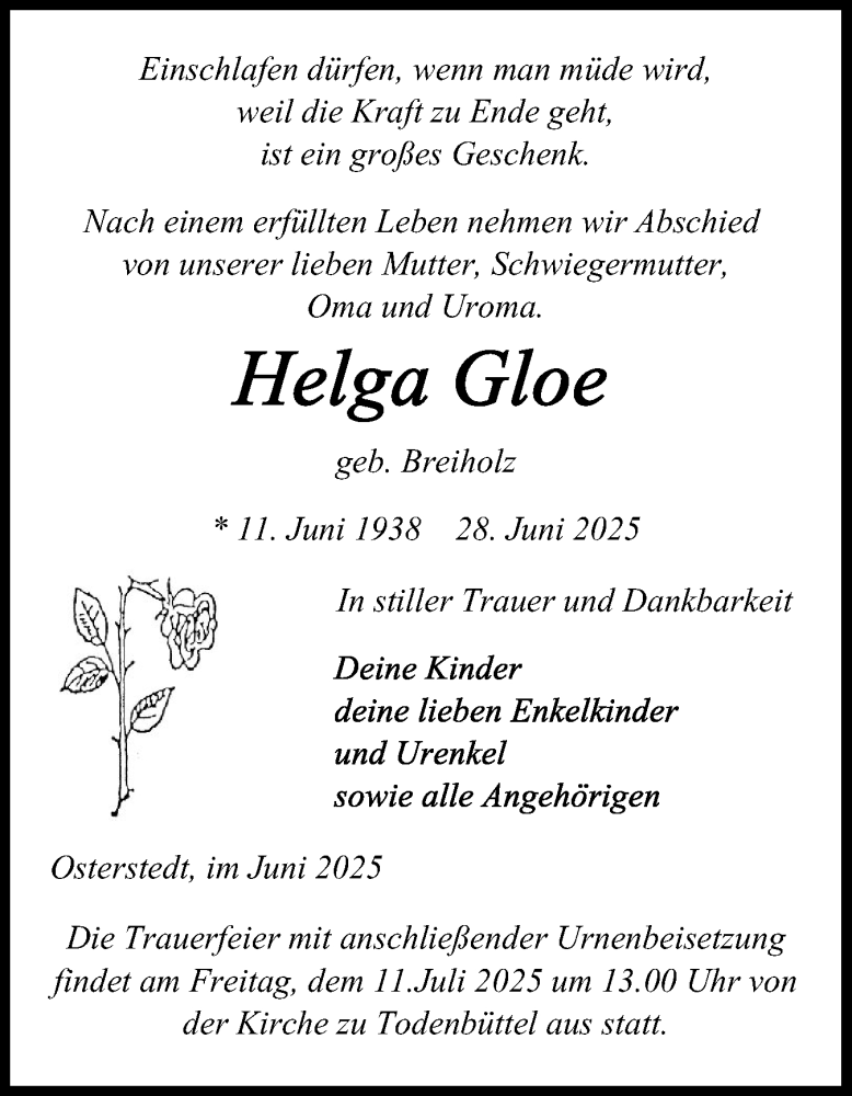  Traueranzeige für Helga Gloe vom 05.07.2025 aus Schleswig-Holsteinische Landeszeitung