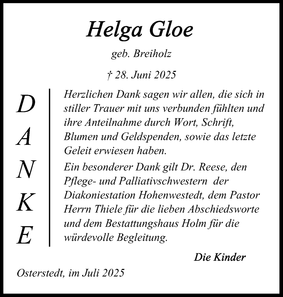  Traueranzeige für Helga Gloe vom 26.07.2025 aus Schleswig-Holsteinische Landeszeitung