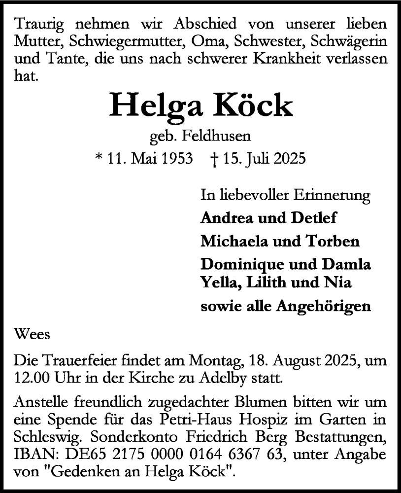  Traueranzeige für Helga Köck vom 26.07.2025 aus Flensburger Tageblatt