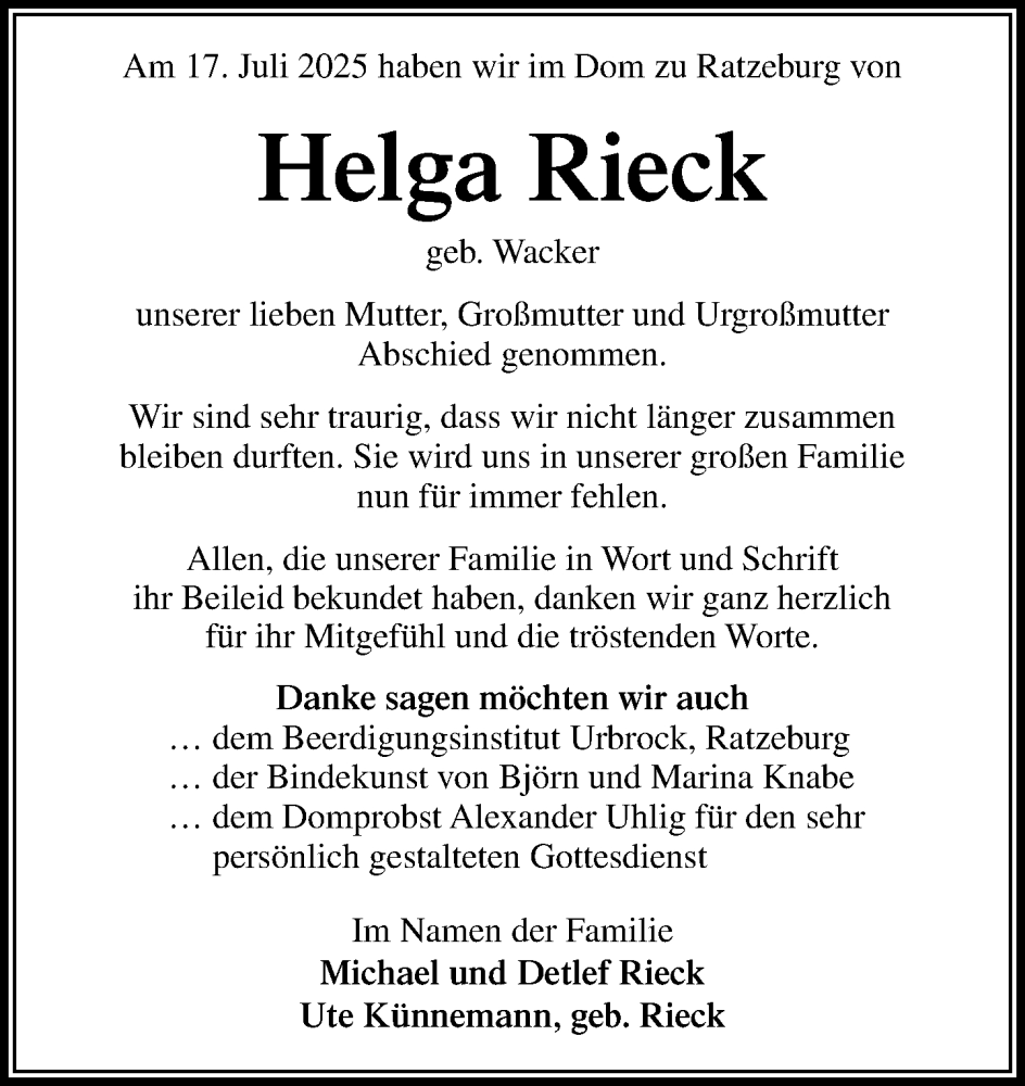  Traueranzeige für Helga Rieck vom 26.07.2025 aus MARKT Ratzeburg/Mölln