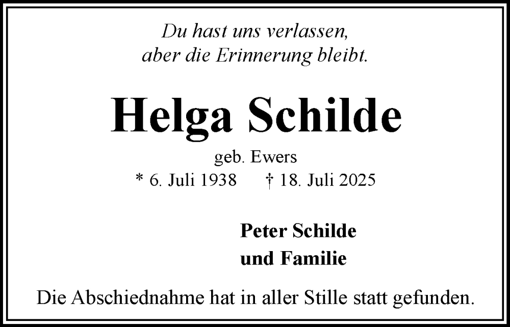  Traueranzeige für Helga Schilde vom 26.07.2025 aus Flensburger Tageblatt