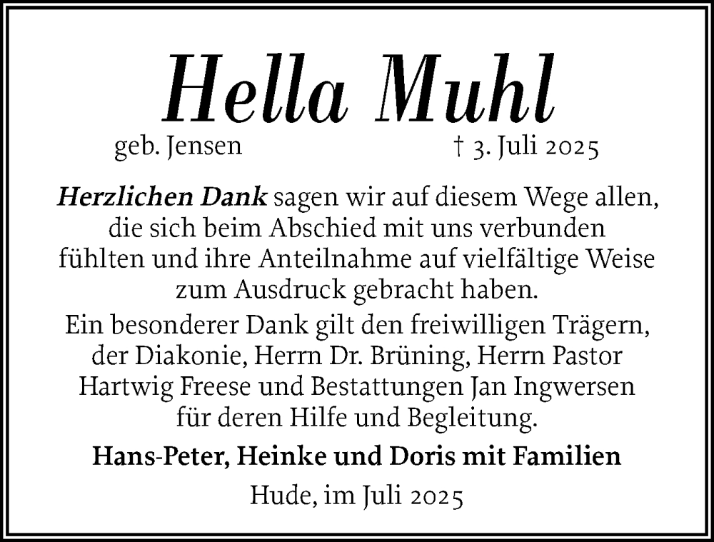  Traueranzeige für Hella Muhl vom 31.07.2025 aus Husumer Nachrichten, Nordfriesland Tageblatt