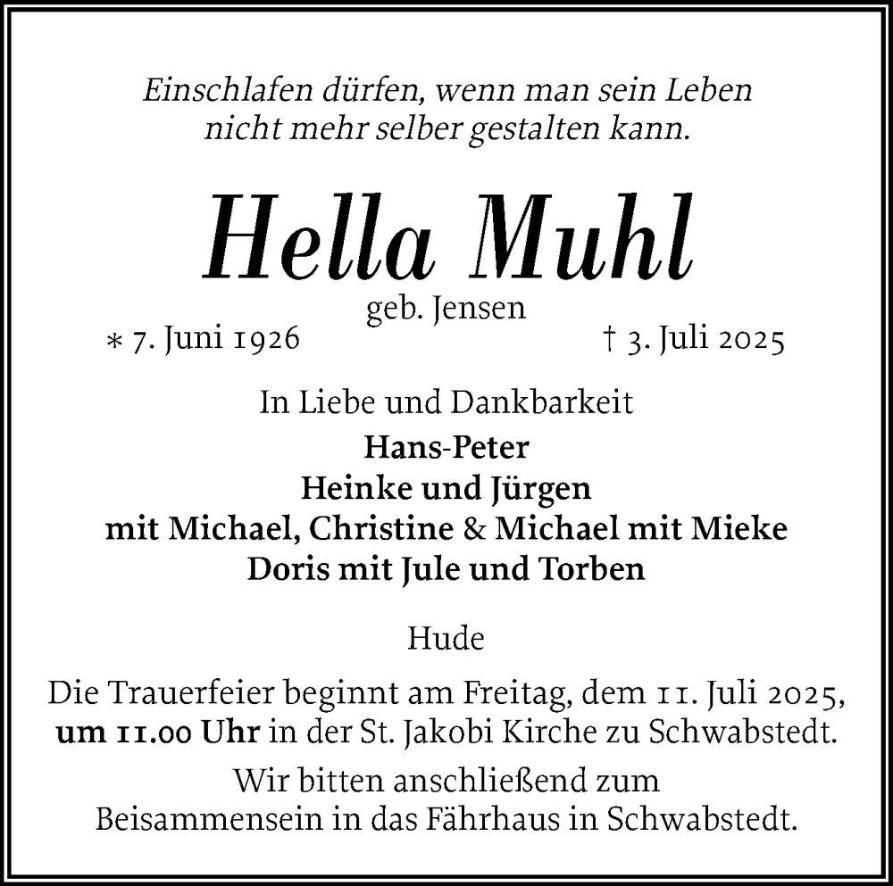  Traueranzeige für Hella Muhl vom 08.07.2025 aus Husumer Nachrichten, Nordfriesland Tageblatt