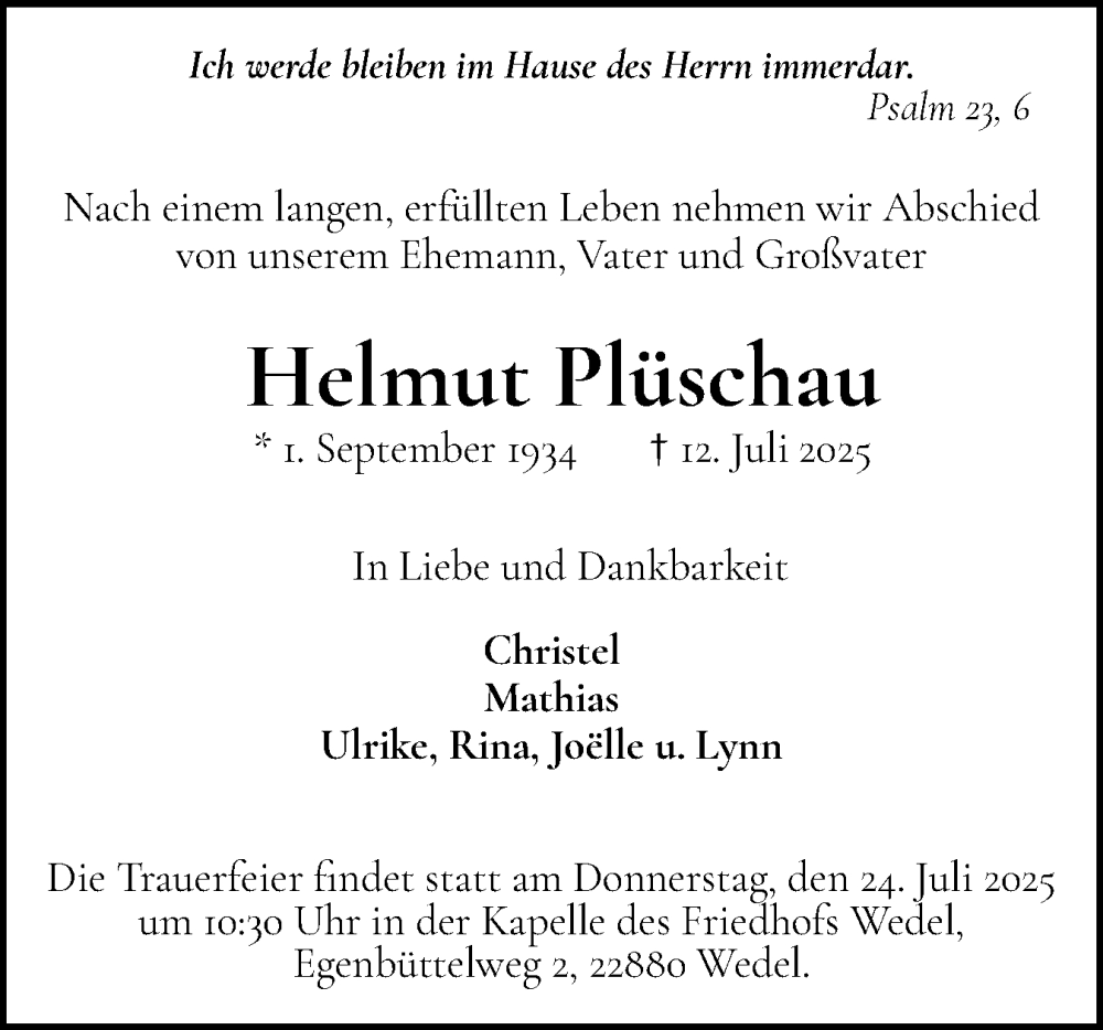  Traueranzeige für Helmut Plüschau vom 19.07.2025 aus Wedel-Schulauer Tageblatt, tip Wedel-Schulauer Tageblatt, tip Rissener Rundschau