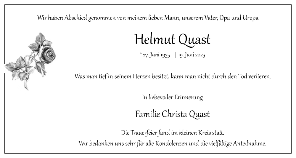  Traueranzeige für Helmut Quast vom 26.07.2025 aus Uetersener Nachrichten, Der tip am Wochenende