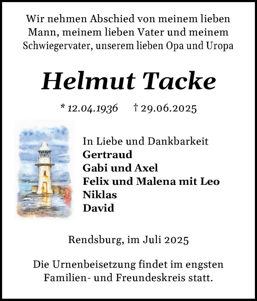  Traueranzeige für Helmut Tacke vom 12.07.2025 aus Schleswig-Holsteinische Landeszeitung
