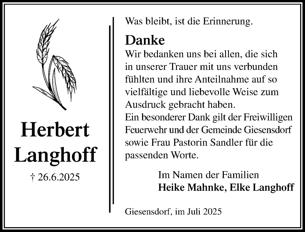  Traueranzeige für Herbert Langhoff vom 19.07.2025 aus MARKT Ratzeburg/Mölln