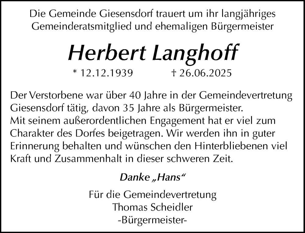  Traueranzeige für Herbert Langhoff vom 05.07.2025 aus MARKT Ratzeburg/Mölln