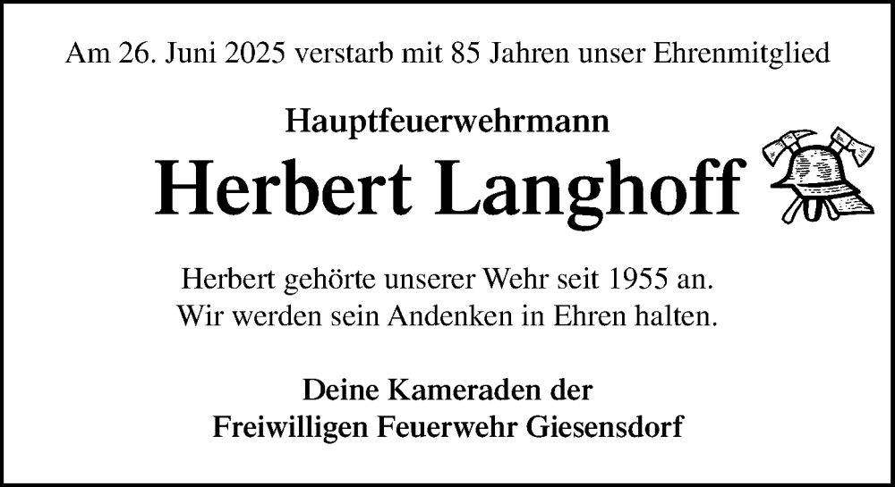  Traueranzeige für Herbert Langhoff vom 05.07.2025 aus MARKT Ratzeburg/Mölln