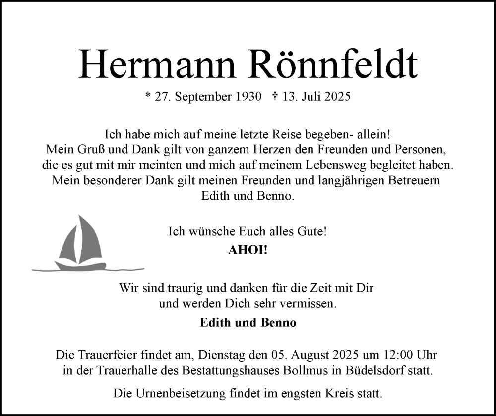  Traueranzeige für Hermann Rönnfeldt vom 26.07.2025 aus Schleswig-Holsteinische Landeszeitung