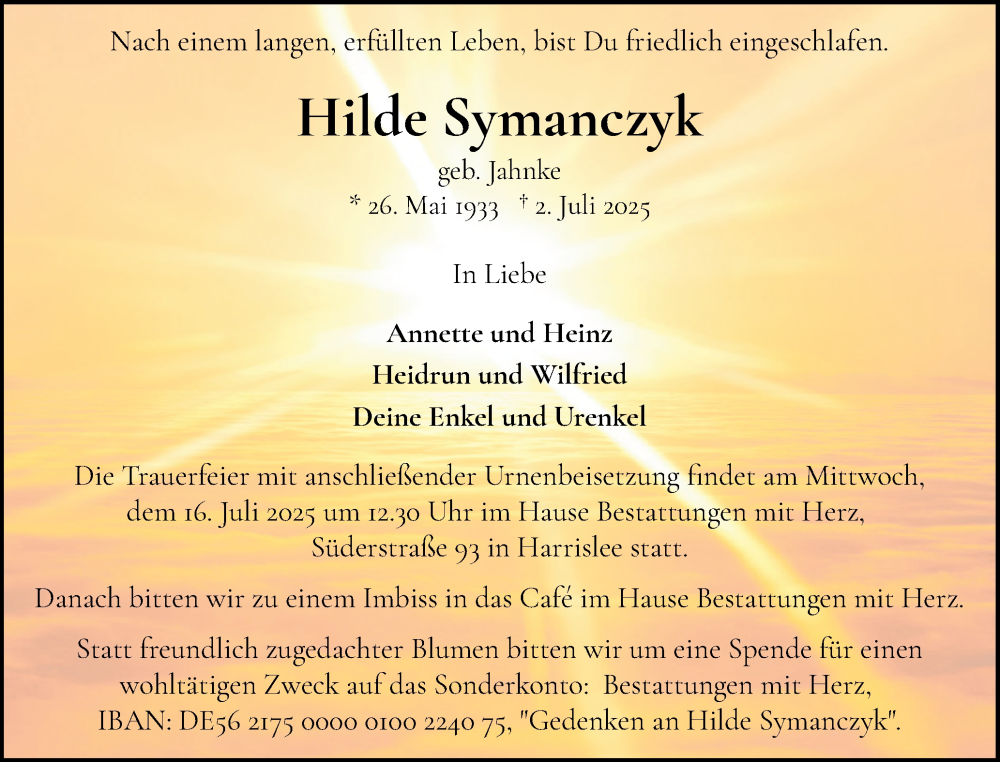 Traueranzeige für Hilde Symanczyk vom 12.07.2025 aus Flensburger Tageblatt