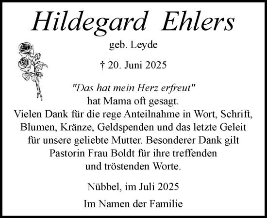 Traueranzeige von Hildegard Ehlers von Schleswig-Holsteinische Landeszeitung