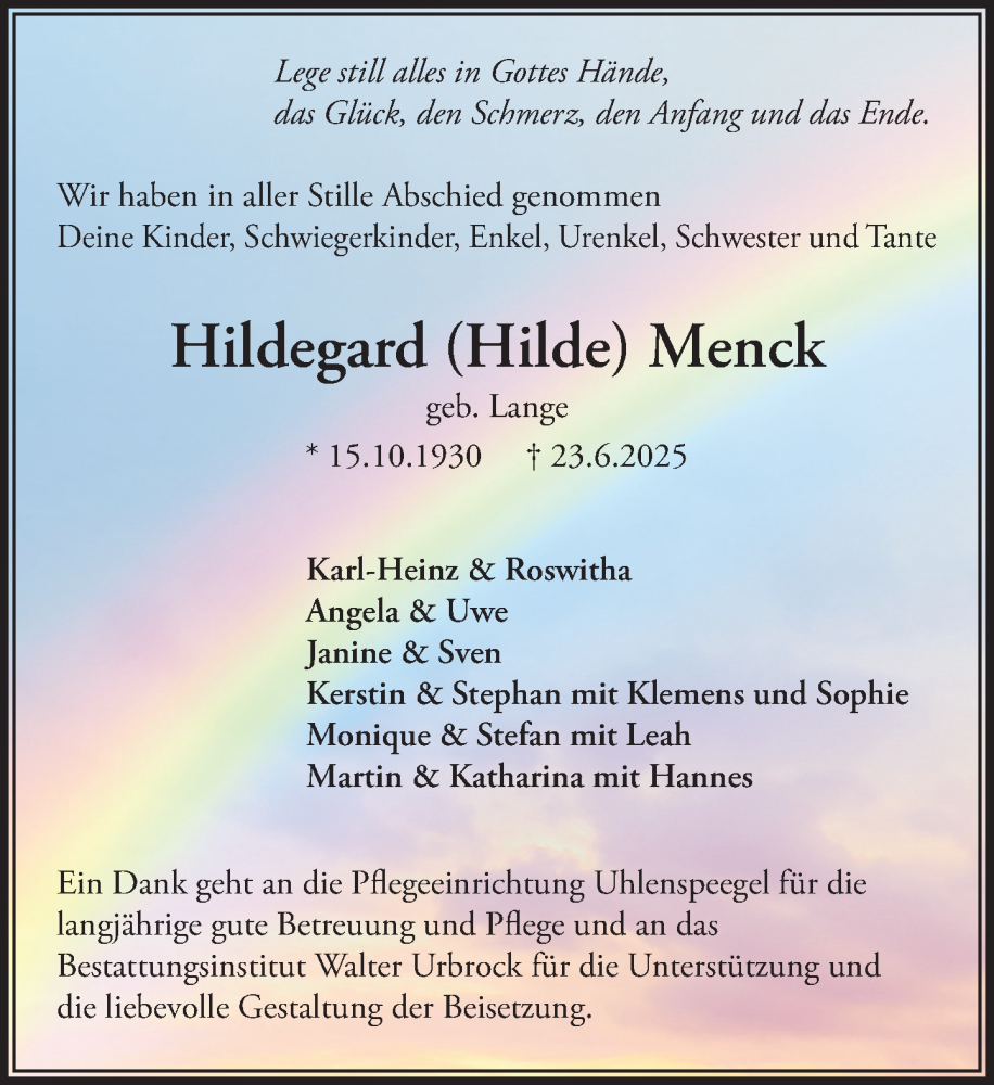  Traueranzeige für Hildegard Menck vom 12.07.2025 aus MARKT Ratzeburg/Mölln