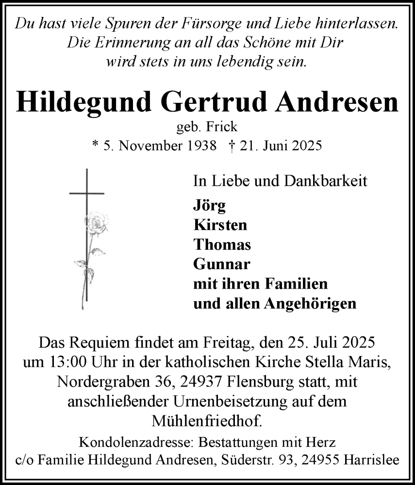  Traueranzeige für Hildegund Gertrud Andresen vom 05.07.2025 aus Flensburger Tageblatt