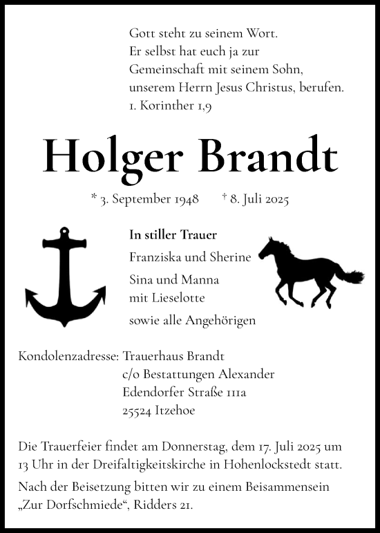 Traueranzeige von Holger Brandt von Norddeutsche Rundschau, Wilstersche Zeitung, Glückstädter Fortuna