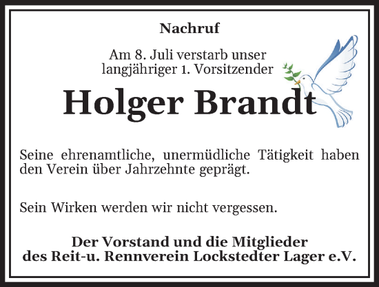Traueranzeige von Holger Brandt von Norddeutsche Rundschau, Wilstersche Zeitung, Glückstädter Fortuna