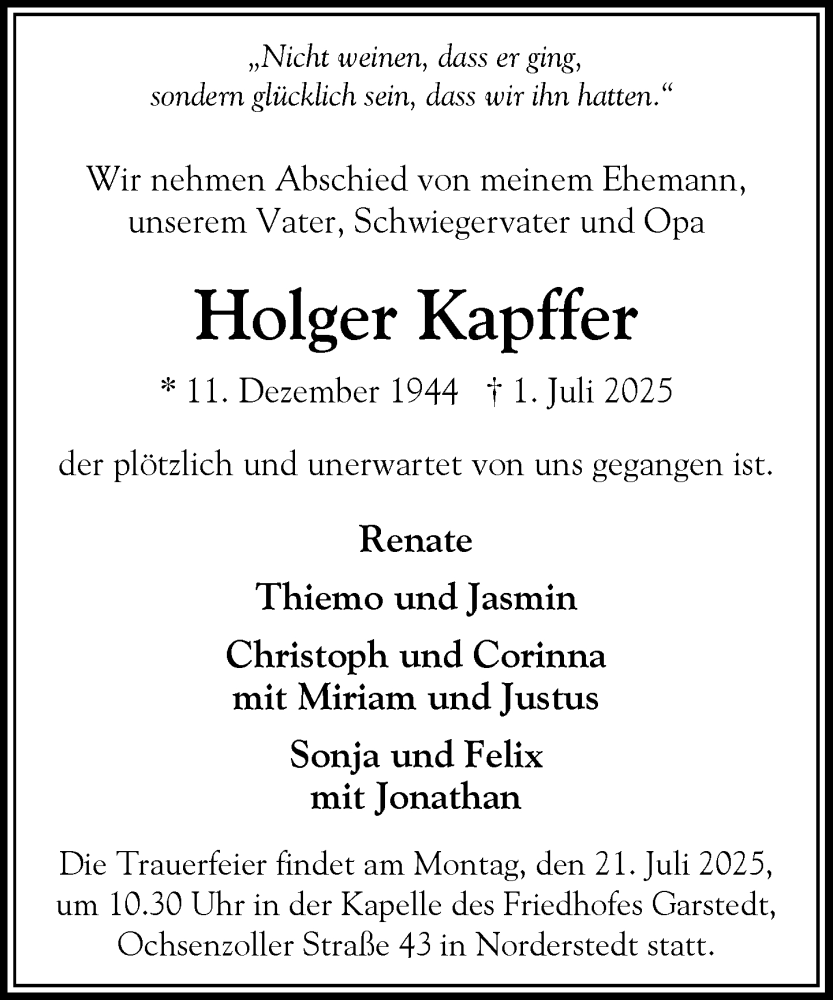  Traueranzeige für Holger Kapffer vom 12.07.2025 aus Heimatspiegel