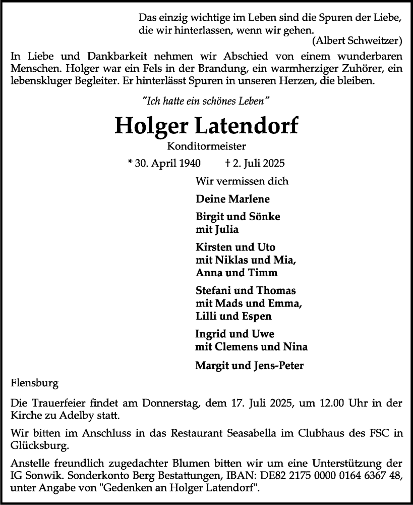  Traueranzeige für Holger Latendorf vom 12.07.2025 aus Flensburger Tageblatt