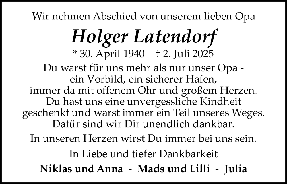  Traueranzeige für Holger Latendorf vom 12.07.2025 aus Flensburger Tageblatt