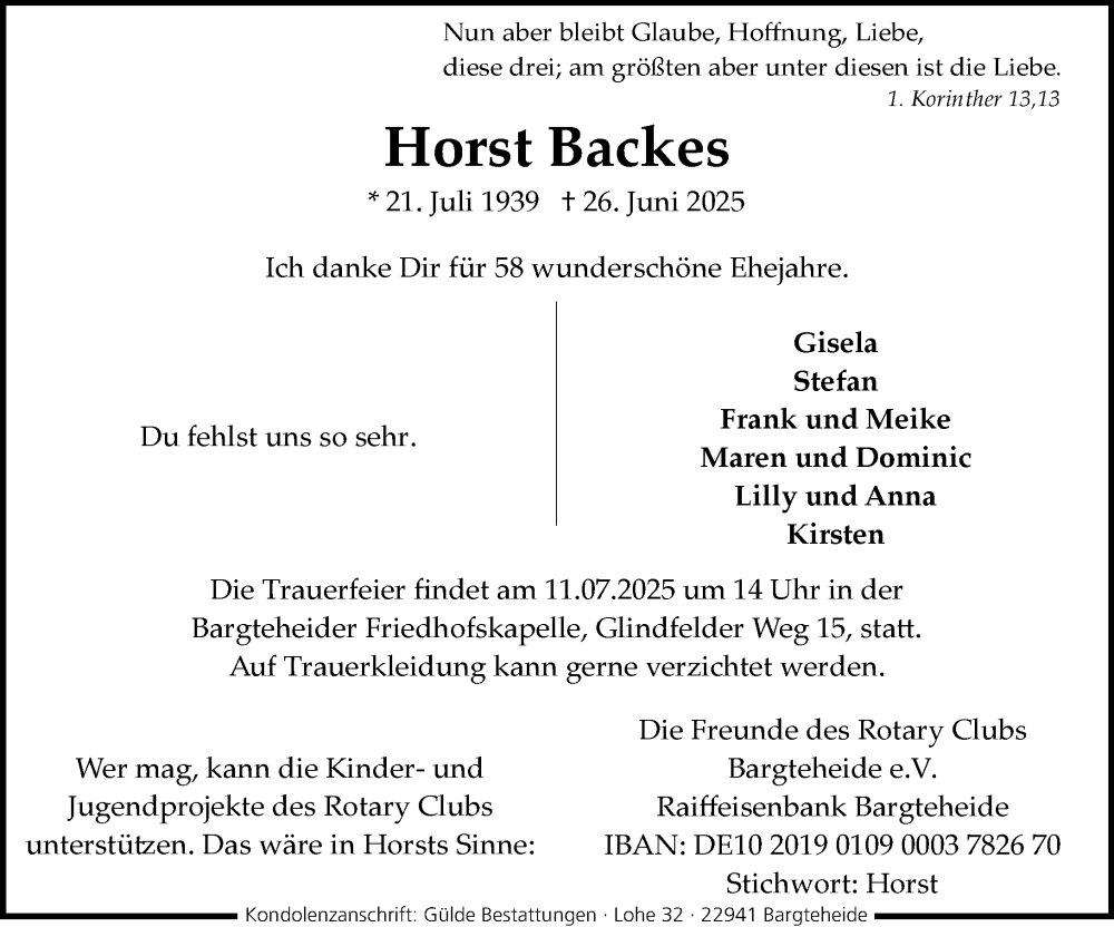  Traueranzeige für Horst Backes vom 05.07.2025 aus MARKT Ahrensburg/Bargteheide/Trittau und Stormarner Tageblatt