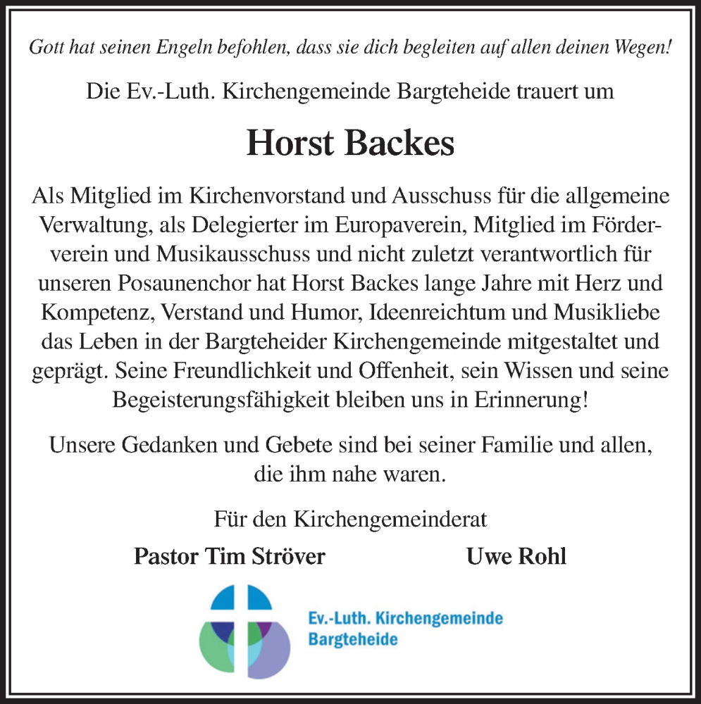  Traueranzeige für Horst Backes vom 12.07.2025 aus MARKT Ahrensburg/Bargteheide/Trittau und Stormarner Tageblatt