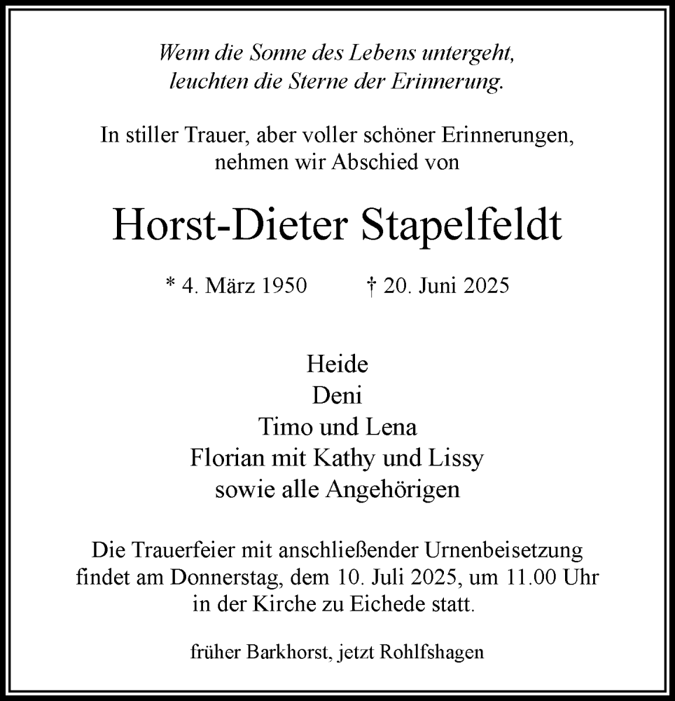  Traueranzeige für Horst-Dieter Stapelfeldt vom 05.07.2025 aus MARKT Bad Oldesloe/Reinfeld, MARKT Ahrensburg/Bargteheide/Trittau und Stormarner Tageblatt