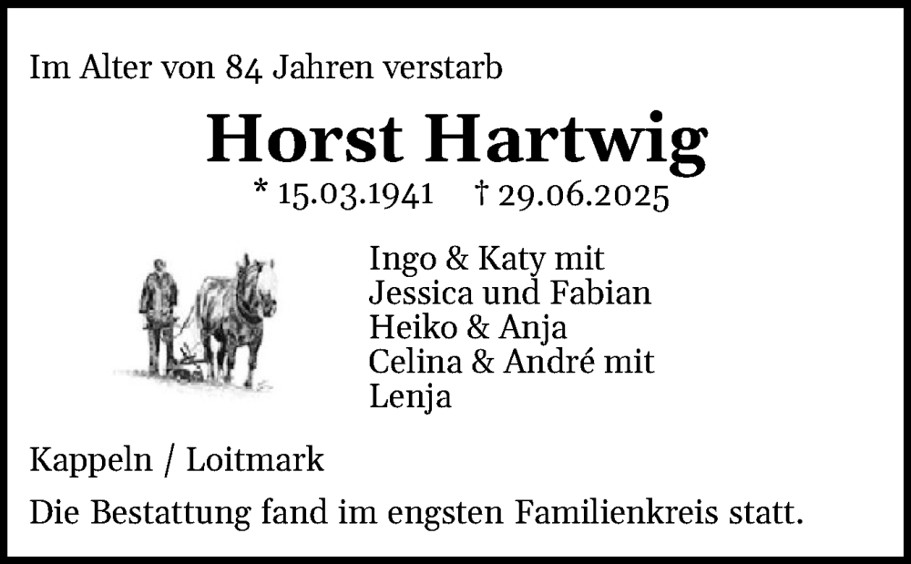  Traueranzeige für Horst Hartwig vom 26.07.2025 aus Schleswiger Nachrichten, Schlei-Bote
