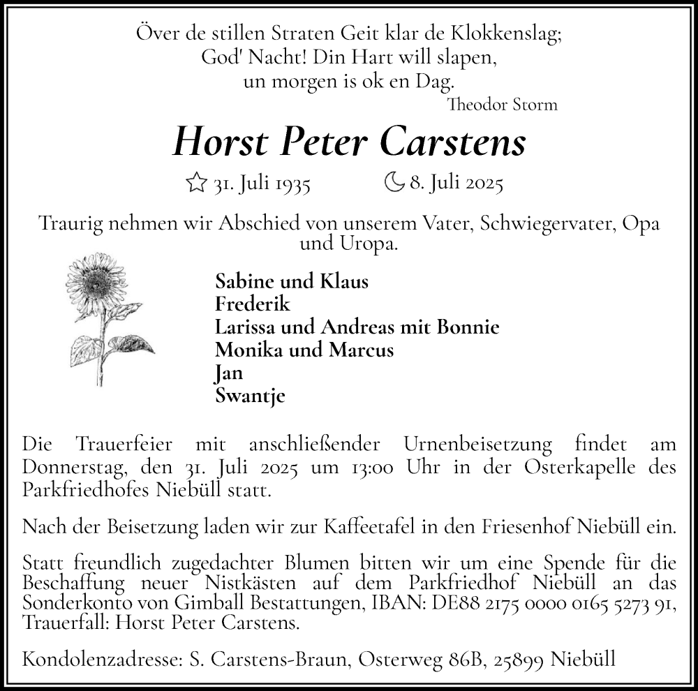  Traueranzeige für Horst Peter Carstens vom 19.07.2025 aus Husumer Nachrichten, Nordfriesland Tageblatt