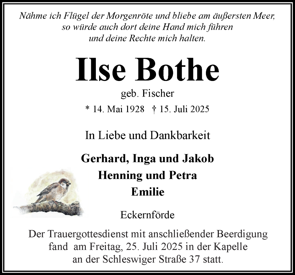  Traueranzeige für Ilse Bothe vom 26.07.2025 aus Hallo Eckernförde