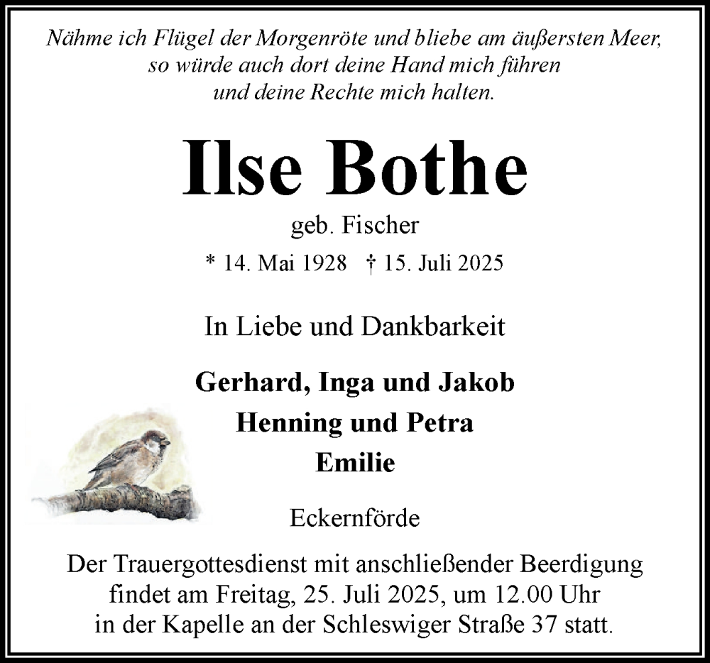  Traueranzeige für Ilse Bothe vom 19.07.2025 aus Eckernförder Zeitung