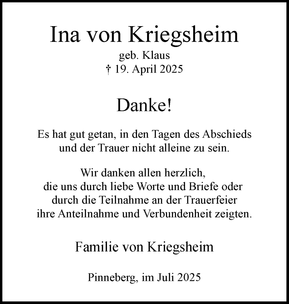  Traueranzeige für Ina von Kriegsheim vom 05.07.2025 aus Region Pinneberg und tip Pinneberg