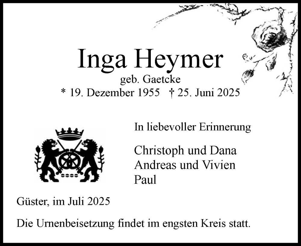  Traueranzeige für Inga Heymer vom 05.07.2025 aus Wochenend Anzeiger
