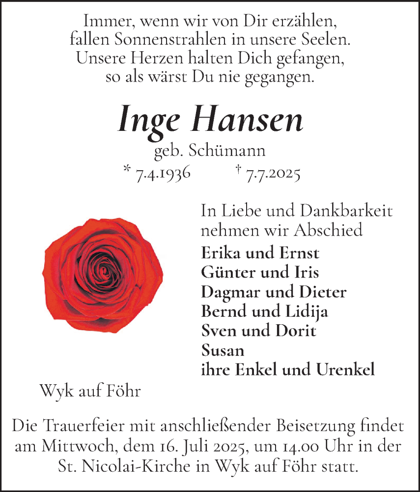  Traueranzeige für Inge Hansen vom 12.07.2025 aus Der Insel-Bote
