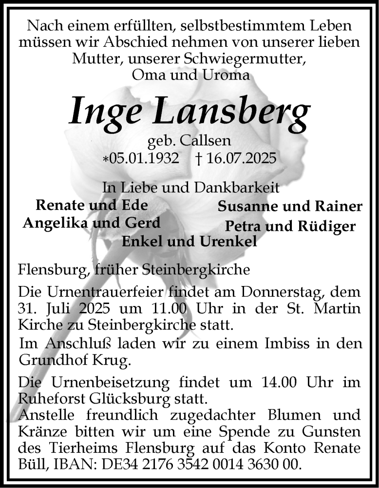  Traueranzeige für Inge Lansberg vom 26.07.2025 aus Flensburger Tageblatt