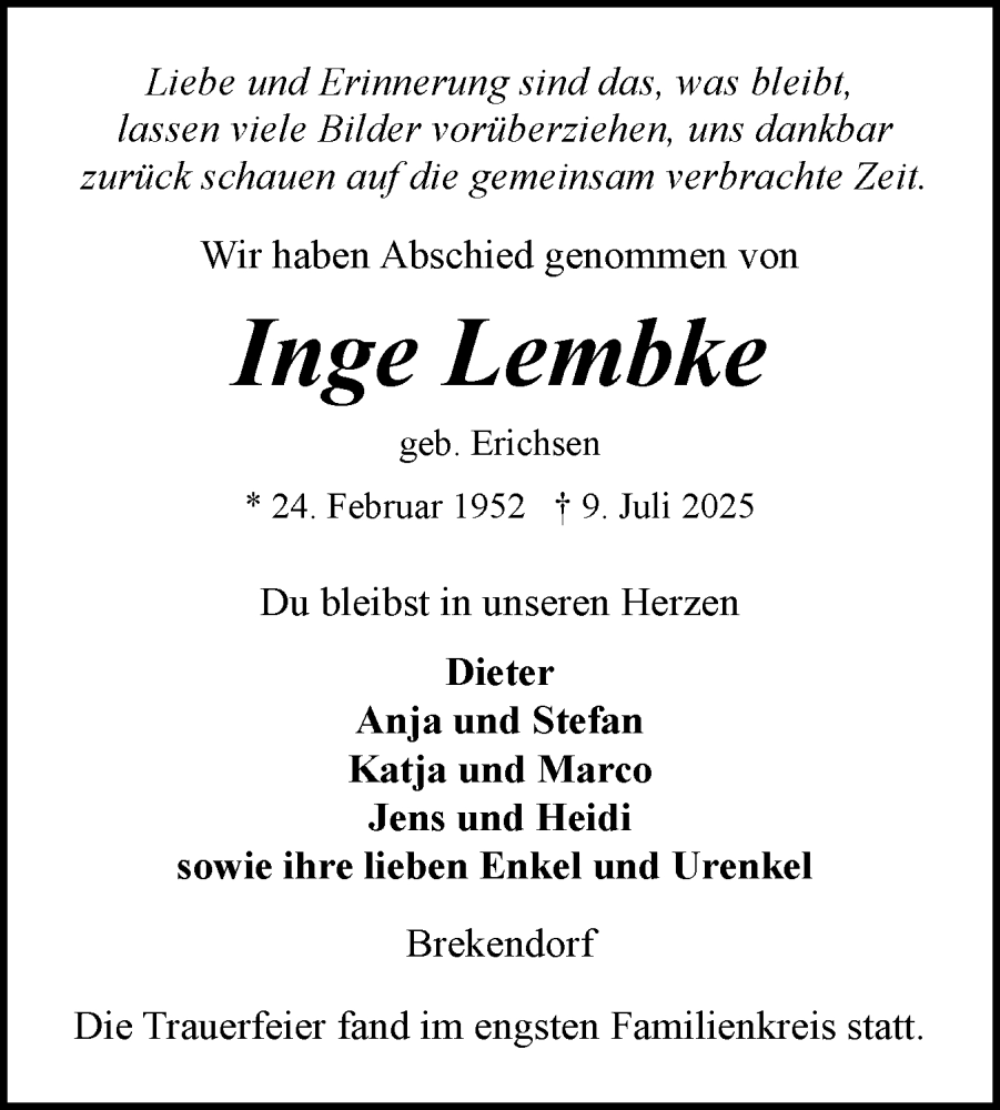  Traueranzeige für Inge Lembke vom 26.07.2025 aus Schleswig-Holsteinische Landeszeitung