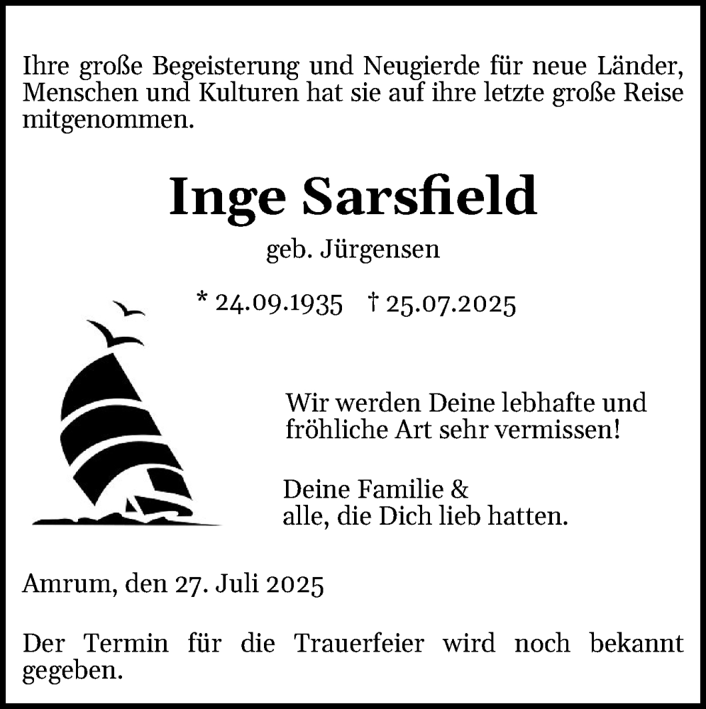  Traueranzeige für Inge Sarsfield vom 30.07.2025 aus Der Insel-Bote