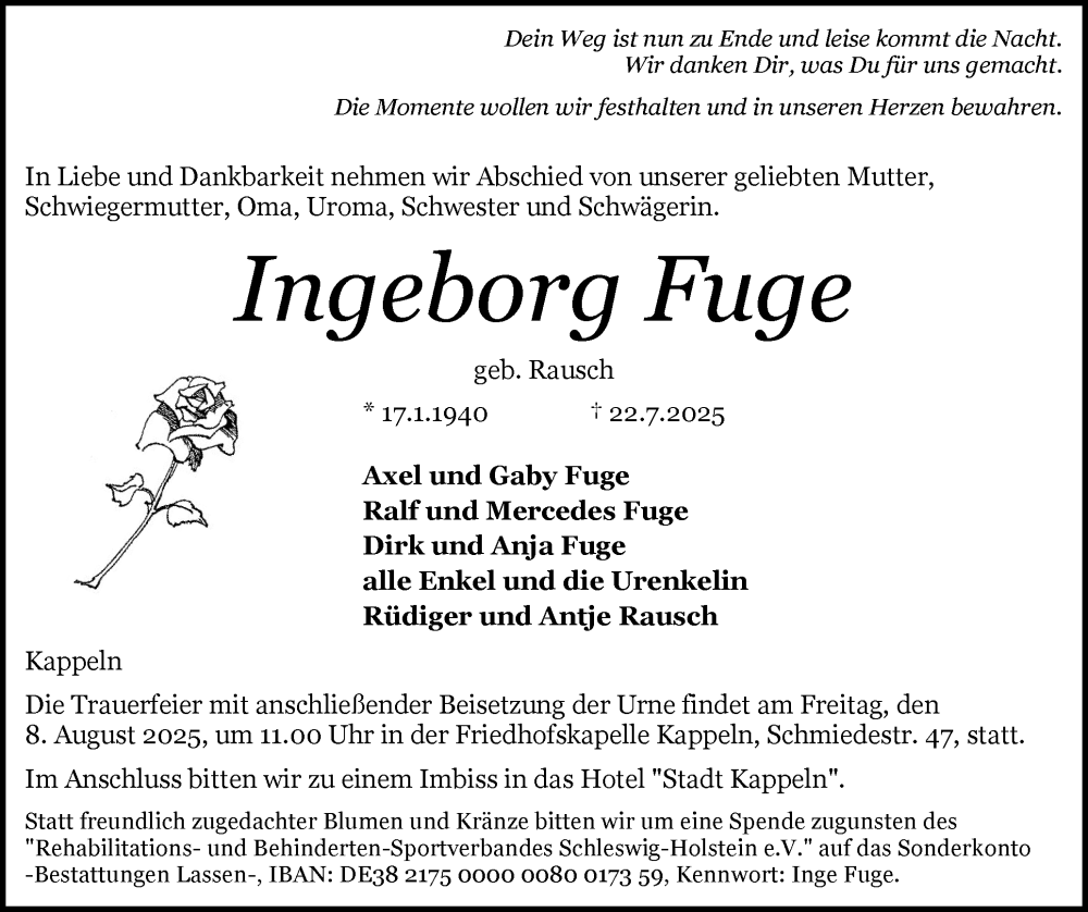 Traueranzeige für Ingeborg Fuge vom 26.07.2025 aus Schleswiger Nachrichten, Schlei-Bote