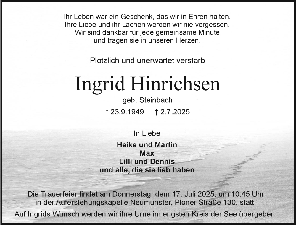  Traueranzeige für Ingrid Hinrichsen vom 12.07.2025 aus Holsteinischer Courier